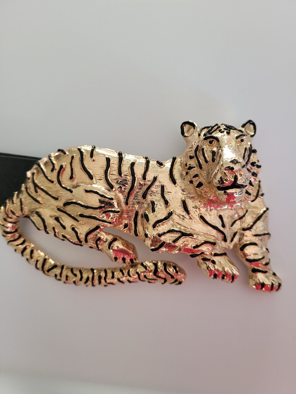 VTG Mimi Di 1987  Leopard Belt Buckle Black Gold Lux Animal  Removable Belt Leat